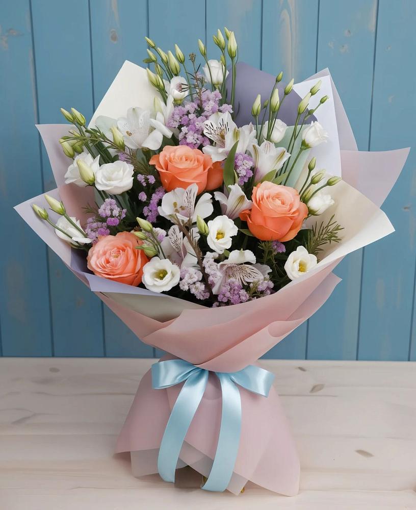 Букет цветов из: Лизиантусы, Розы, Альстромерии и Гипсофила в Поселок дачного хозяйства Архангельское